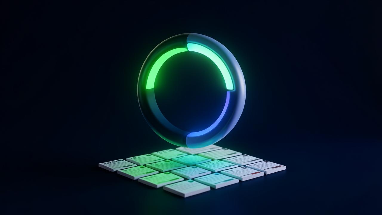 Ilustración 3D de un medidor circular de puntuación sobre fichas de informe