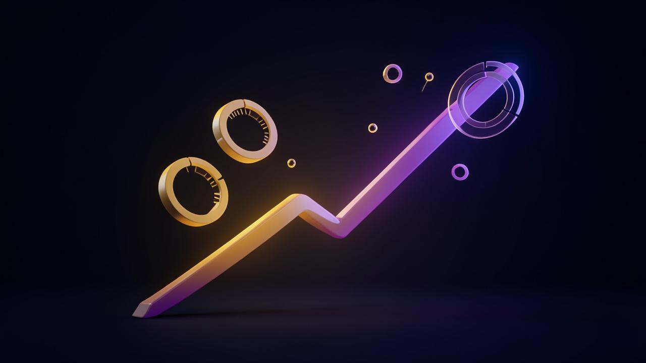 Ilustración 3D de una línea ascendente con anillos de medición flotantes