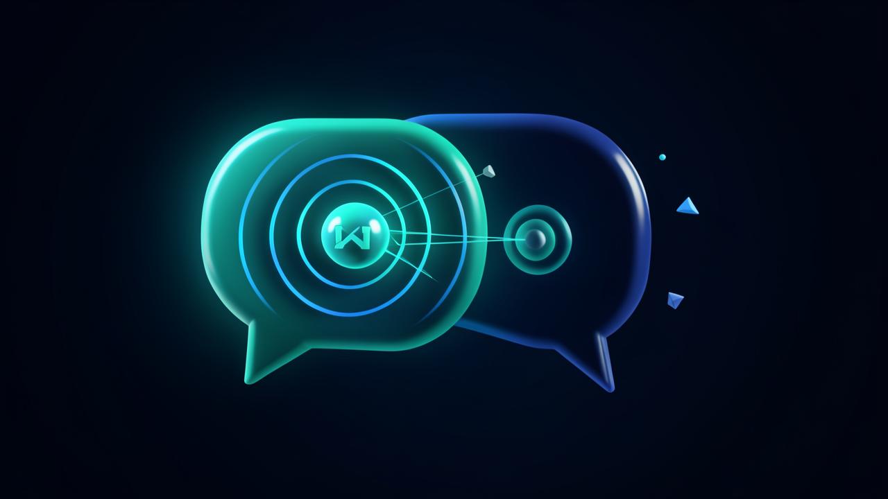 Ilustración 3D de un bocadillo de chat emitiendo un radar sobre una esfera de marca